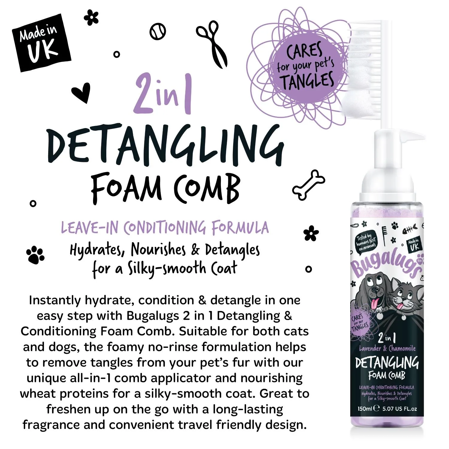 2 in 1 Lavender & Chamomile Detangling Foam Comb for Dogs & Cats