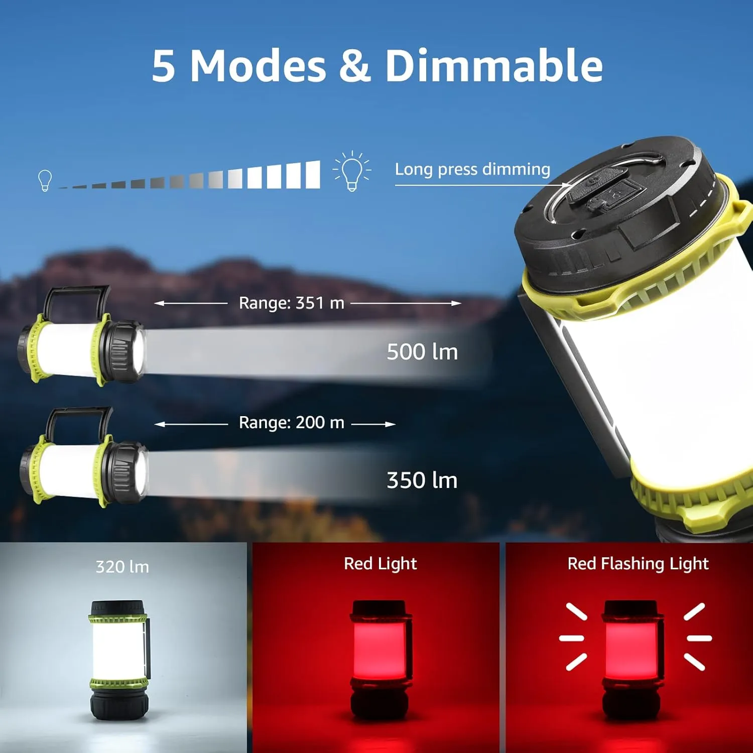Camping Light Rechargeable, Torch LED Super Bright Rechargeable, Dimmable 5 Modes Camping Lantern Torch with Power Bank, 500lm Rechargeable Camping Torch for Power Cuts, Emergency, USB C Cable