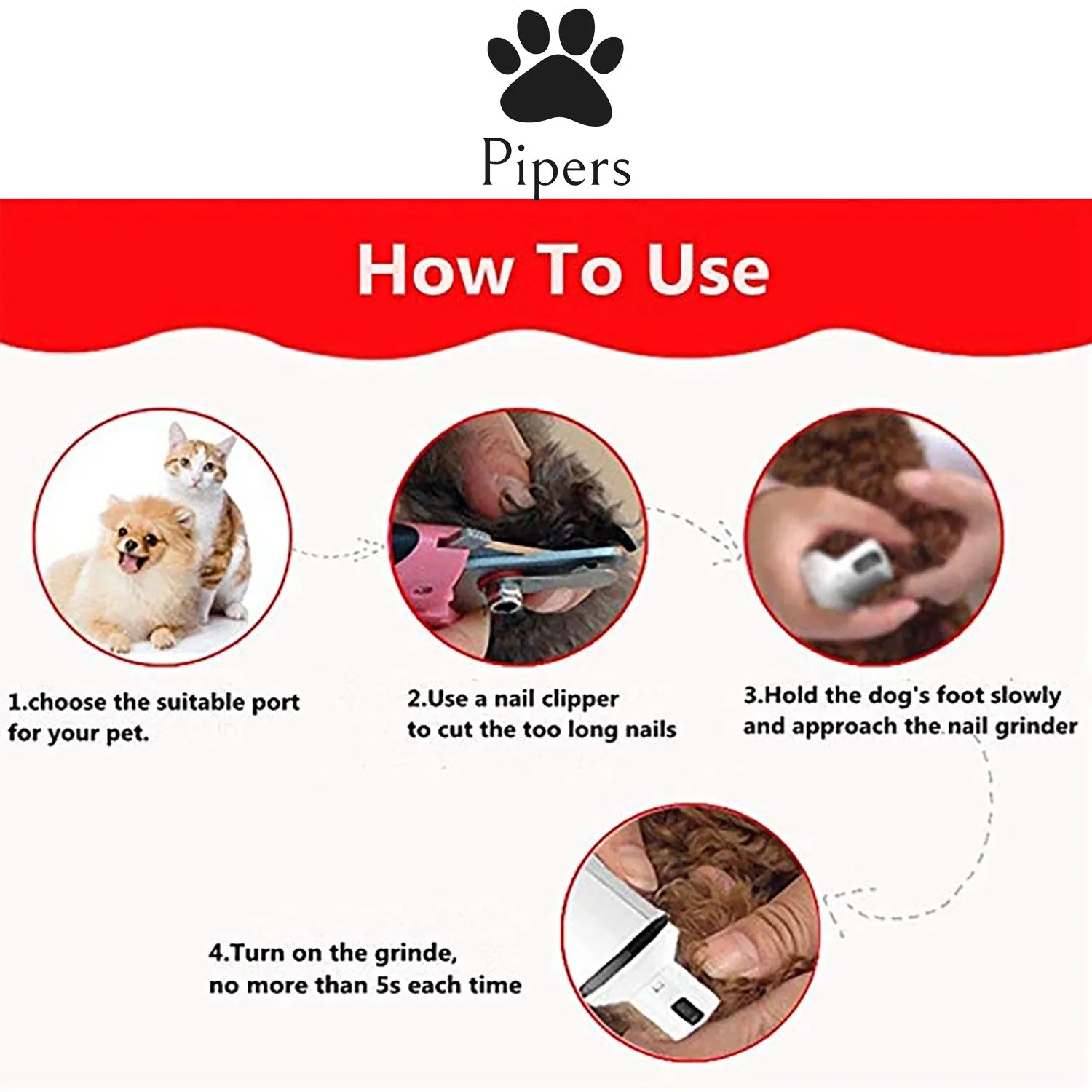 Pipers Pet Nail Grinder Dog Cat Claw Toe Grooming Trimmer Clipper Electric Tool