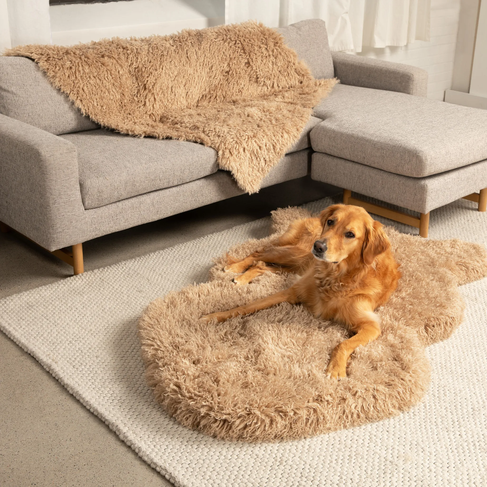 PupRug™ Luxe Orthopedic Bed   Matching Waterproof Blanket Bundle - Plush Sheep Tan