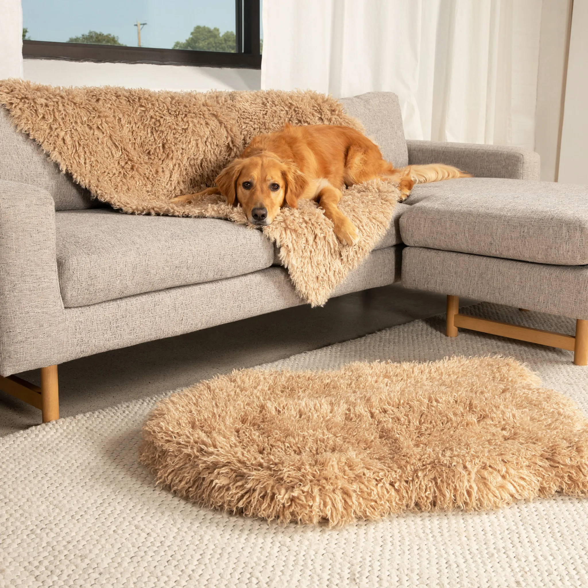 PupRug™ Luxe Orthopedic Bed   Matching Waterproof Blanket Bundle - Plush Sheep Tan