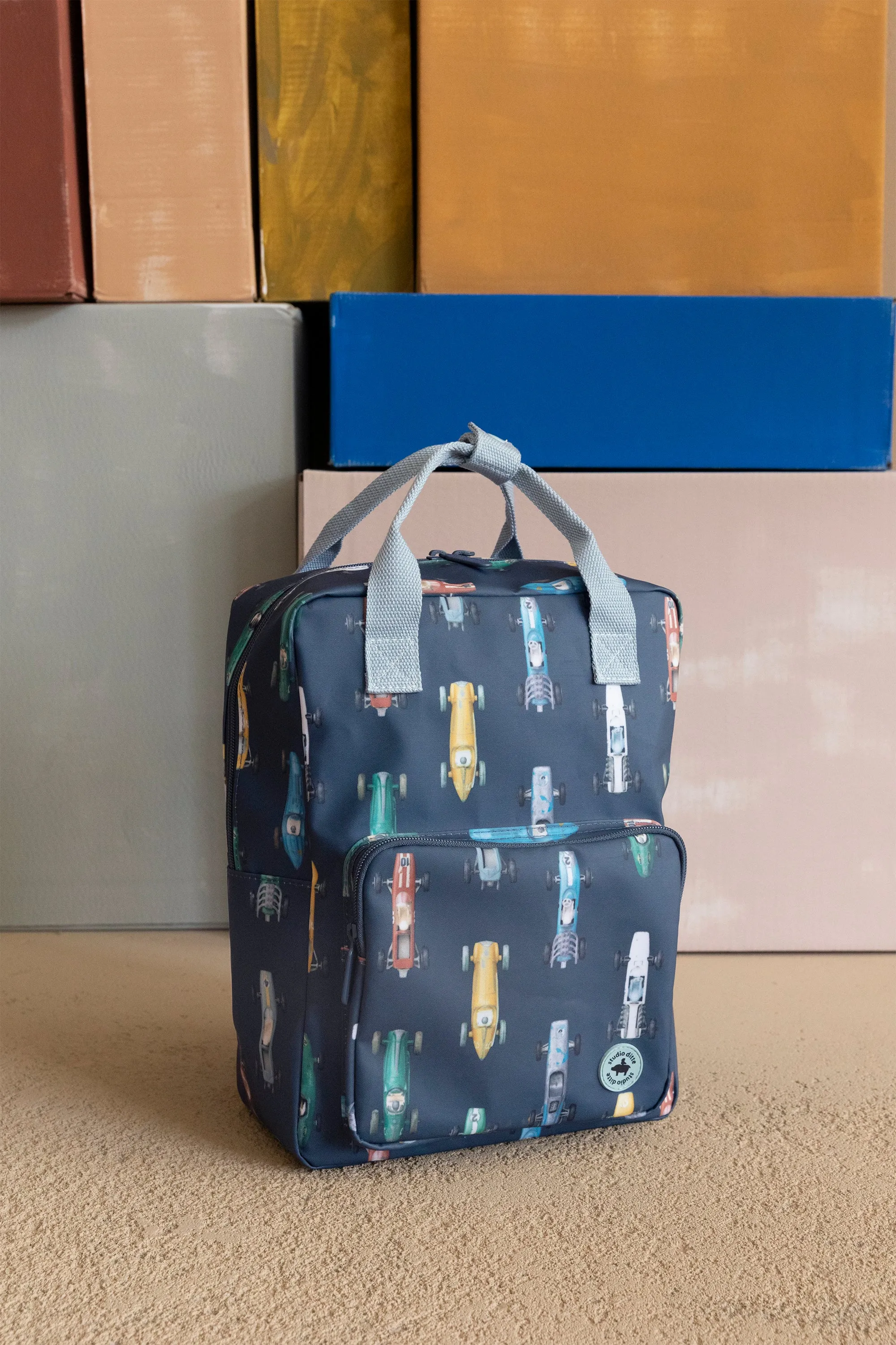 Studio Ditte Large Backpack Dark Blue, Racing Cars